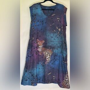 Custom Leopard Print Short Sleeve Midi Shift Dress with Pockets Sz XL